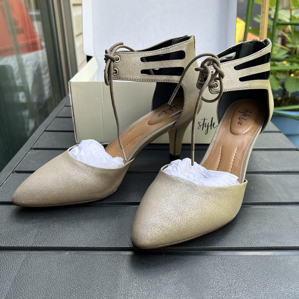 Style & Co Strappy Kitten Heels Ankle Tie 10M Champagne Shimmer AVANAAP Flint
